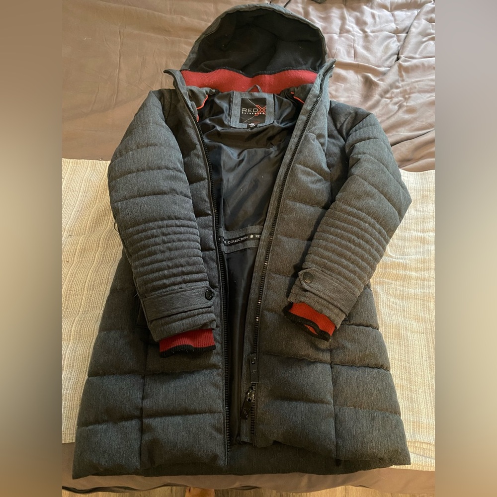 RedX Canada Women’s Winter Coat. Size XS/S. Grey with dark red trim. With hood